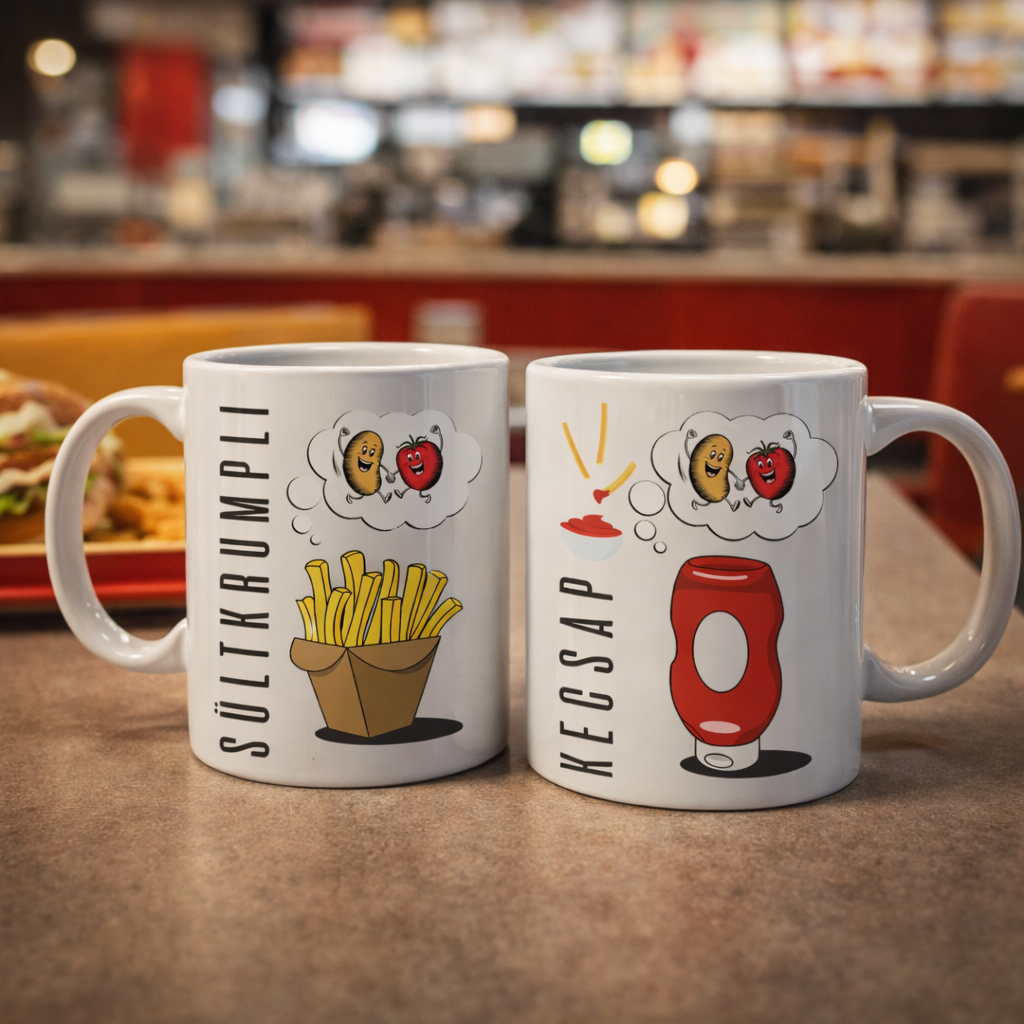 Sültkrumpli Kecsappal - páros fehér bögre